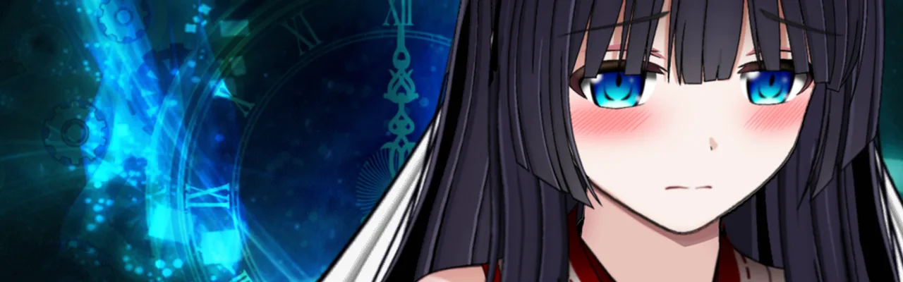 Shizuku, the shrine maiden, in front of a blue clock