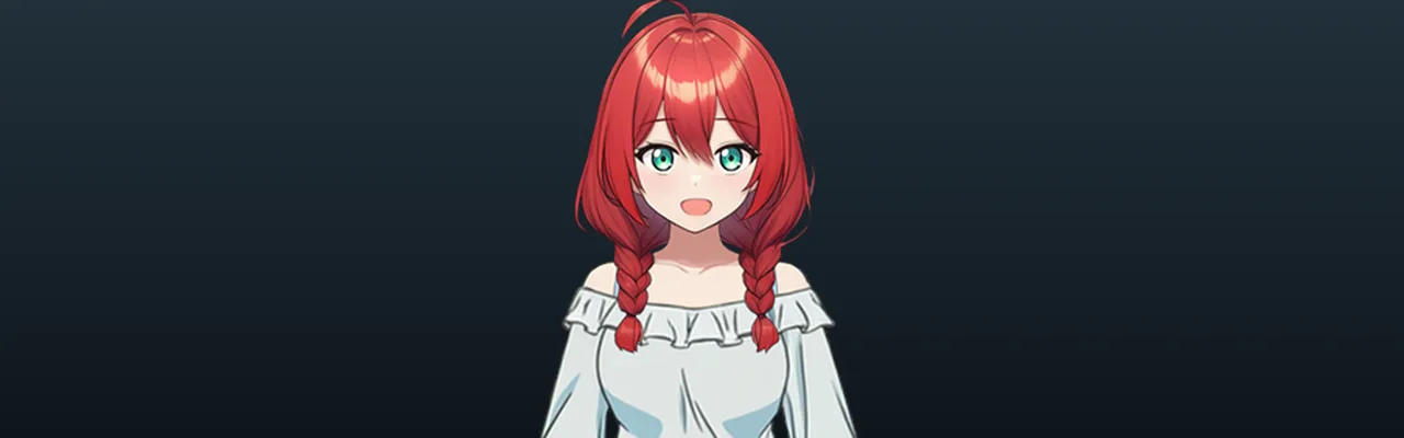 Akari, with red hair in two braids, smiling in a white off-shoulder blouse