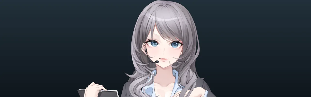 Yuriko, with long gray hair and blue eyes, wearing a headset microphone